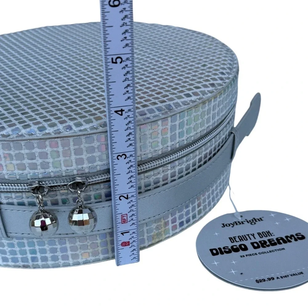 JoyBright Disco Dreams Beauty Box Silver Holographic Round Train Case Mirror NWT
